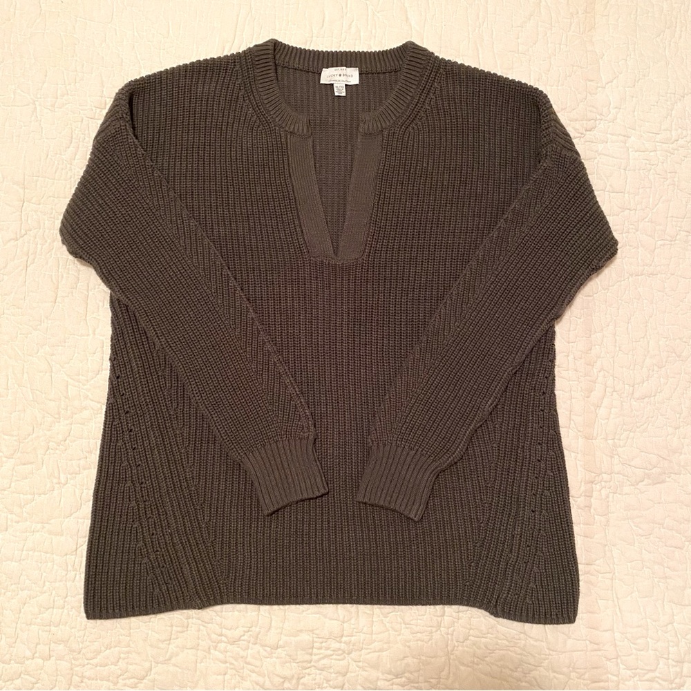 LUCKY BRAND Women’s V-Neck sweater, size XL, color Olive/Brown, 100% cotton